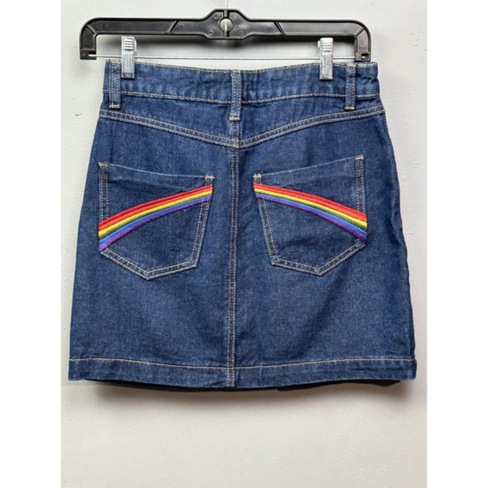 Blue Denim Mini Skirt Button Front Rainbow LGBTQ Back Pockets Size S - Picture 1 of 8